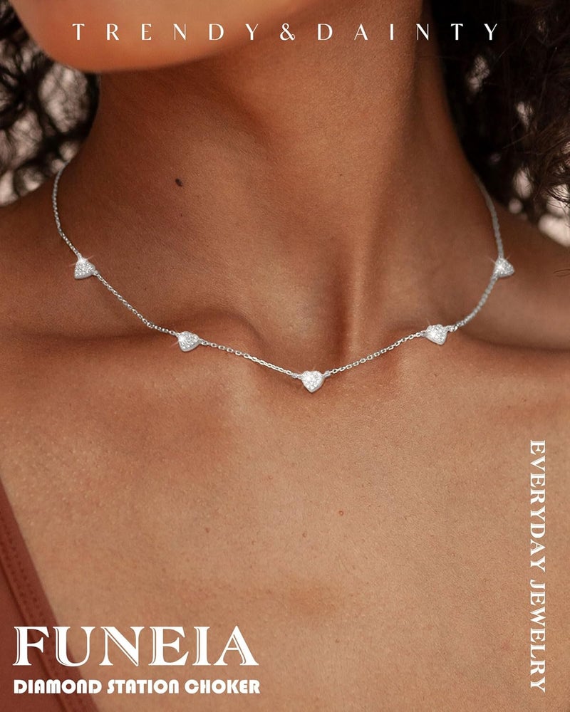 FUNEIA Dainty Silver Gold Necklaces for Women Trendy Non Tarnish 14K Gold Plated Cubic Zirconia Necklace Layered Cute Butterfly Heart Station Choker Necklace Stack for Wedding Prom Brides Jewelry - Image 2